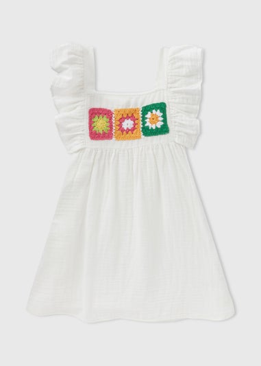 Girls White Crochet Double Cloth Dress (1-7yrs)