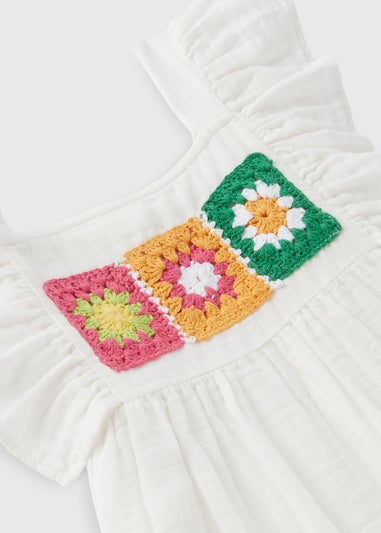 Girls White Crochet Double Cloth Dress (1-7yrs)