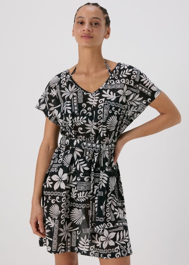 Black Leaf Print Jersey Kaftan