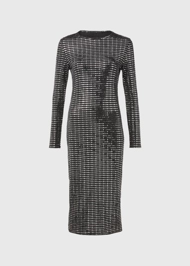 Silver Sequin Column Long Sleeve Midi Dress