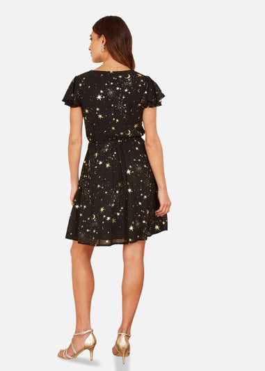 Mela Foil Star Print Wrap Skater Dress In Black