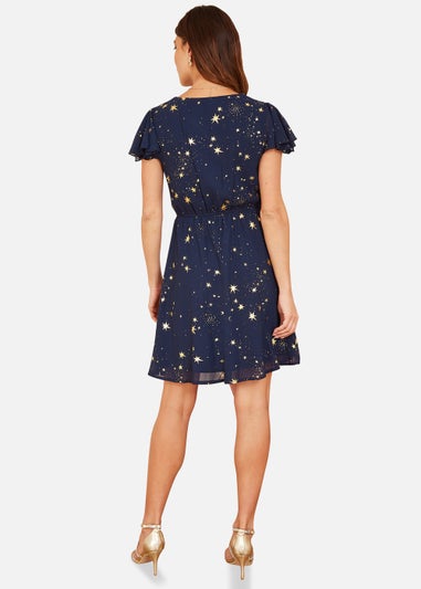 Mela Foil Star Print Wrap Skater Dress In Navy