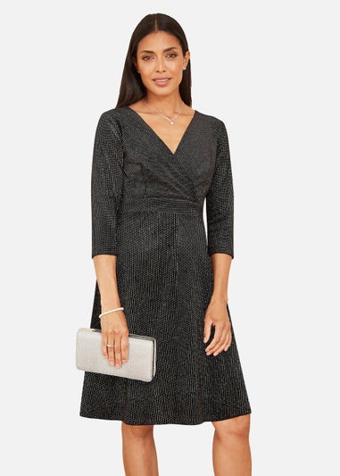 Mela Sparkle Long Sleeve Skater Dress In Black