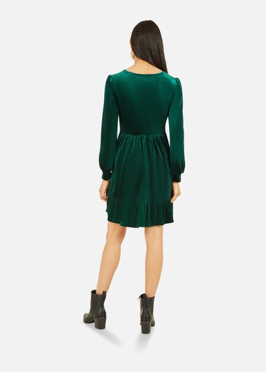 Mela Velvet Long Sleeve Skater Dress In Green