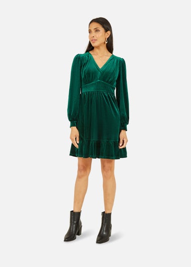 Mela Velvet Long Sleeve Skater Dress In Green