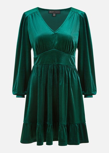 Mela Velvet Long Sleeve Skater Dress In Green