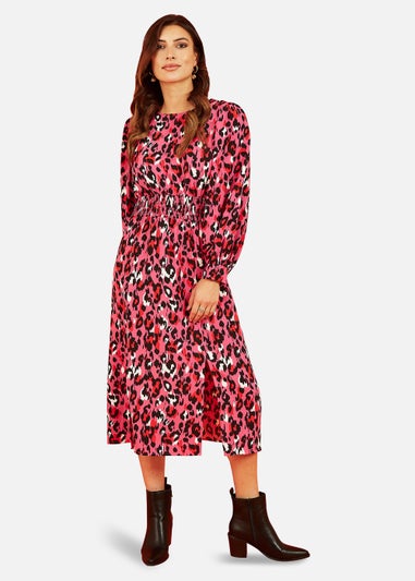 Mela Animal Print Long Sleeve Ruched Midi Dress In Pink