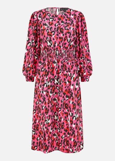 Mela Animal Print Long Sleeve Ruched Midi Dress In Pink