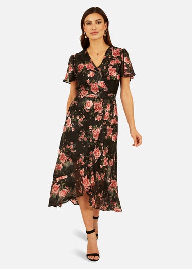 Mela Rose Print Midi Wrap Dress In Black - Matalan