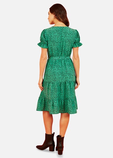 Mela Animal Print Midi Wrap Dress With Ruffle Sleeves In Green