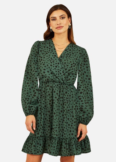 Mela Dalmatian Print Long Sleeve Wrap Over Midi Dress In Green