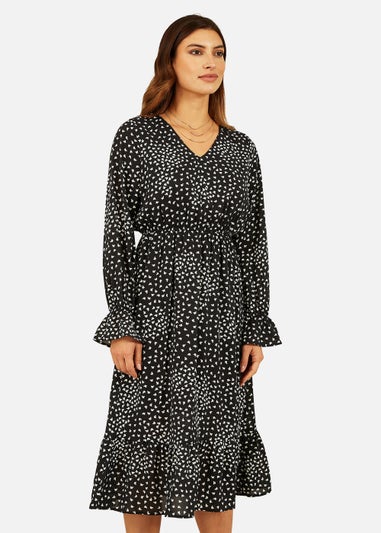 Mela Butterfly Print Long Sleeve Midi Dress In Black