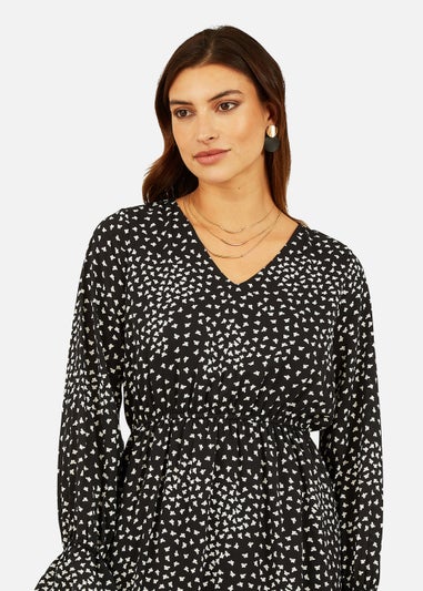 Mela Butterfly Print Long Sleeve Midi Dress In Black