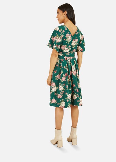 Mela Floral Wrap Dress With Angel Sleeve In Green