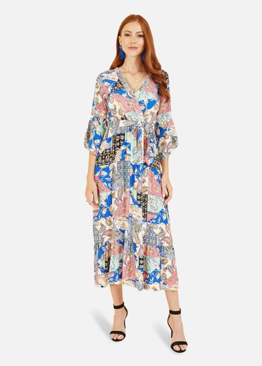 Yumi Blue Scarf Print Wrap Dress With Fluted Sleeves
