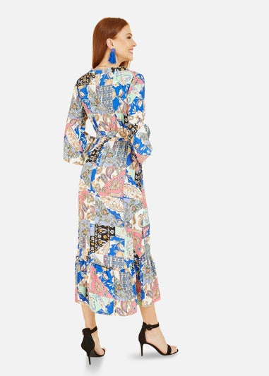 Yumi Blue Scarf Print Wrap Dress With Fluted Sleeves