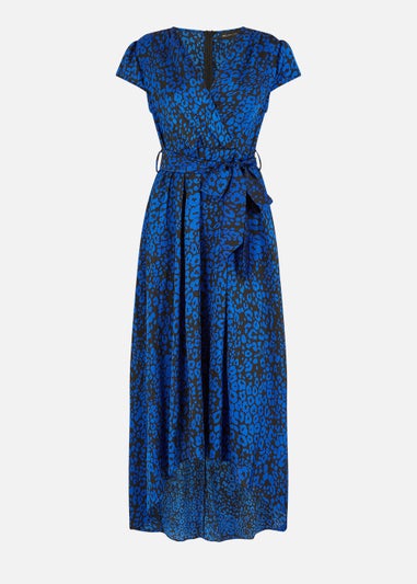 Mela Animal Print Dip Hem Midi Wrap Dress In Blue