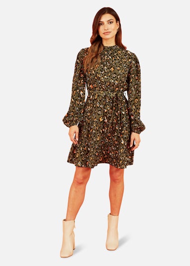 Mela Animal Print Long Sleeve Skater Dress In Green