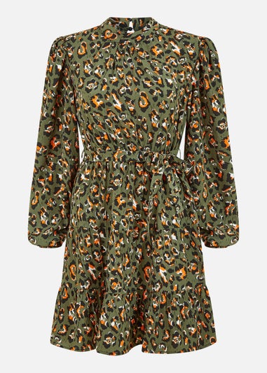 Mela Animal Print Long Sleeve Skater Dress In Green