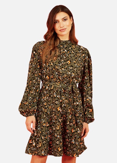 Mela Animal Print Long Sleeve Skater Dress In Green