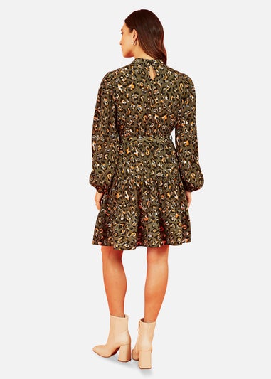 Mela Animal Print Long Sleeve Skater Dress In Green