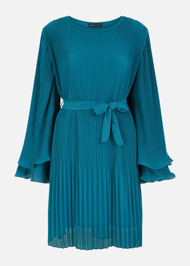 Mela Pleated Dress With Double Fluted Long Sleeves In Teal