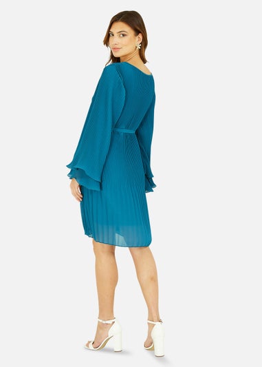 Mela Pleated Dress With Double Fluted Long Sleeves In Teal