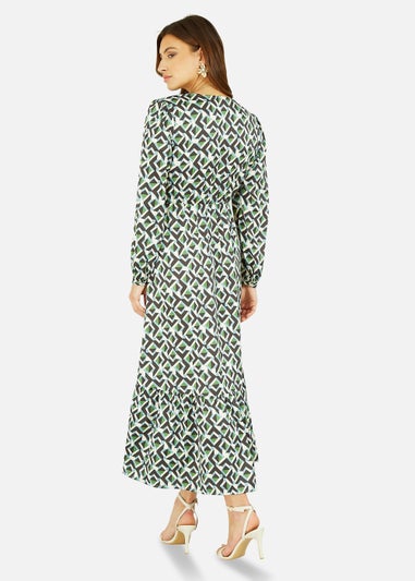 Yumi Geo Print Wrap Satin Midi Dress In Green