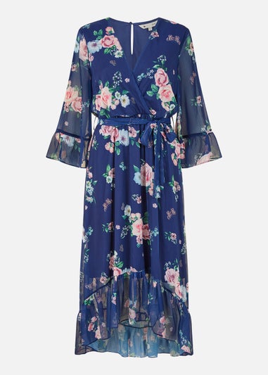 Yumi Floral Wrap Dress With Dipped Hem In Navy