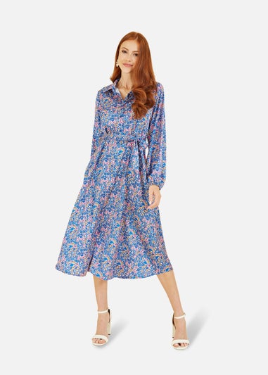 Yumi Blue Ditsy Print Long Sleeve Midi Shirt Dress