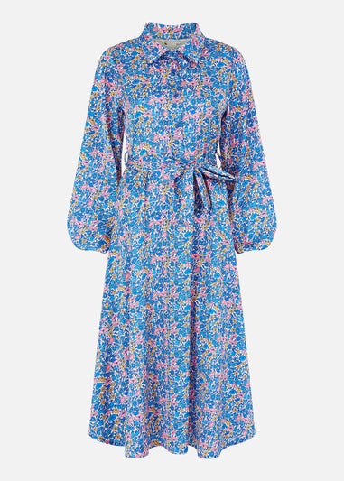 Yumi Blue Ditsy Print Long Sleeve Midi Shirt Dress - Matalan