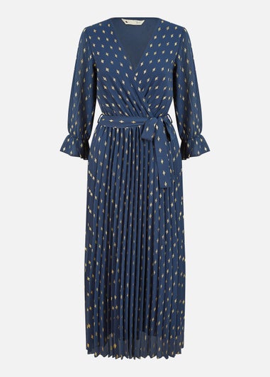 Yumi Foil Printed Pleated Wrap Midi Dress In Navy