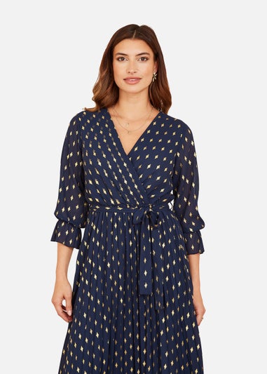 Yumi Foil Printed Pleated Wrap Midi Dress In Navy