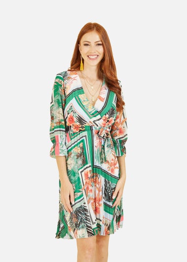 Yumi Green Scarf Print Tropical Pleated Dress with Belt