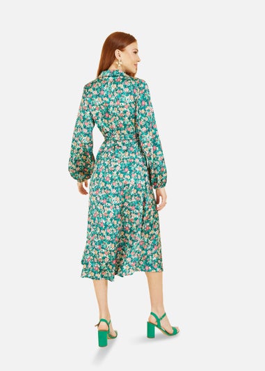 Yumi Green Ditsy Print Long Sleeve Midi Shirt Dress