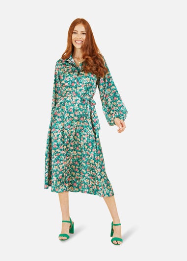 Yumi Green Ditsy Print Long Sleeve Midi Shirt Dress