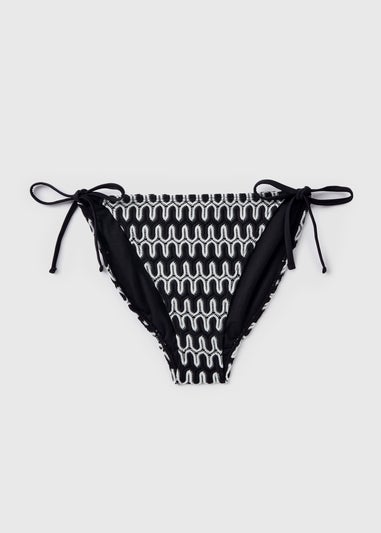 Black Mono Print Textured Bikini Bottoms