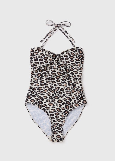 Brown Animal Print Tie Front Swimsuit