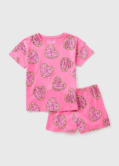 Girls Pink Heart Donut Top & Shorts Pyjama Set (4-12ys)