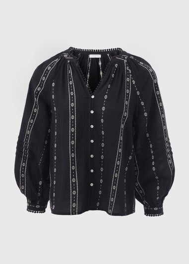 Black Dobby Mono Embroidered Blouse Top
