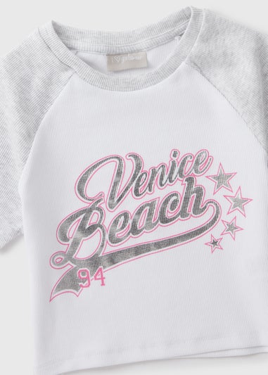 Girls White Venice Beach Grey Ringer T-Shirt (7-15yrs)