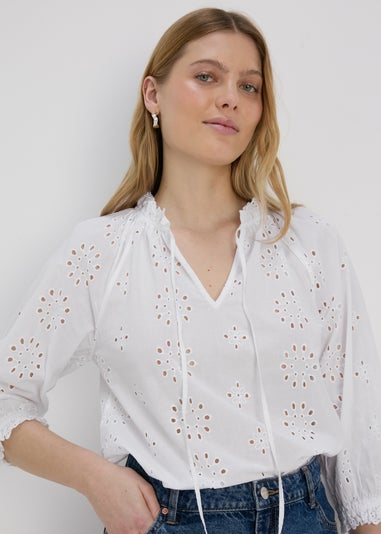 White Broid Peasent Blouse Top