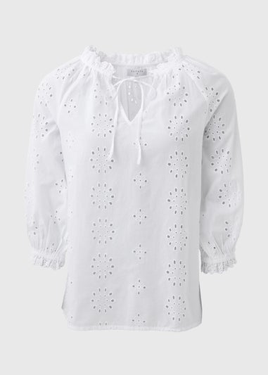 White Broid Peasent Blouse Top