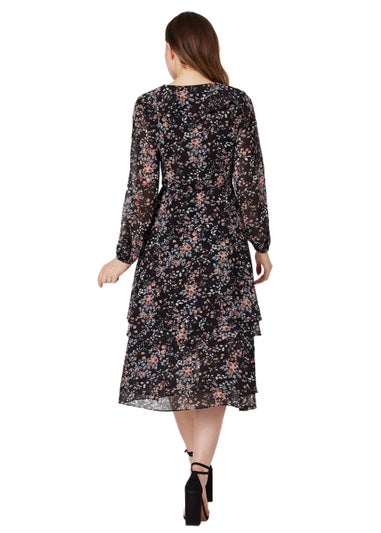 Izabel London Black Floral High Low Wrap Midi Dress