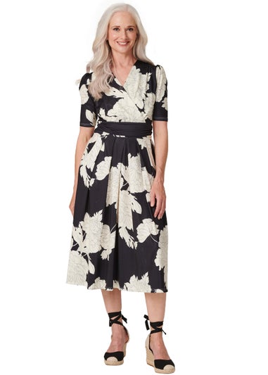 Izabel London Black Floral Faux Wrap Midi Dress