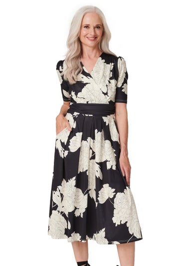 Izabel London Black Floral Faux Wrap Midi Dress - Matalan