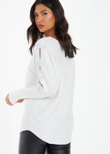 Quiz Cream Knit Diamante Bow Sleeve Jumper
