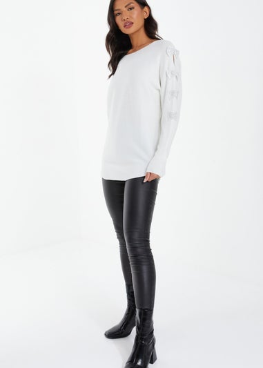 Quiz Cream Knit Diamante Bow Sleeve Jumper