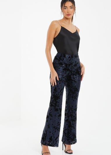 Quiz Blue Sequin Flocked Flared Trousers