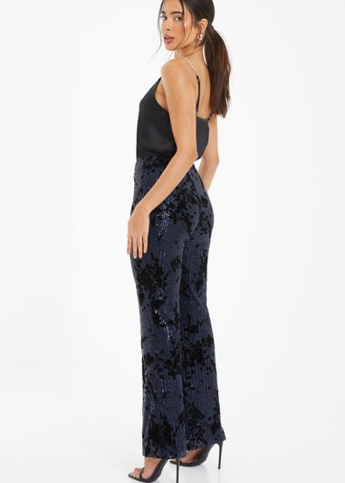 Quiz Blue Sequin Flocked Flared Trousers